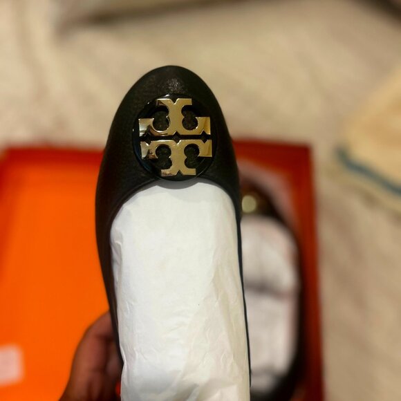 Tory Burch Black Flats with Gold Logo - Picture 1 of 8